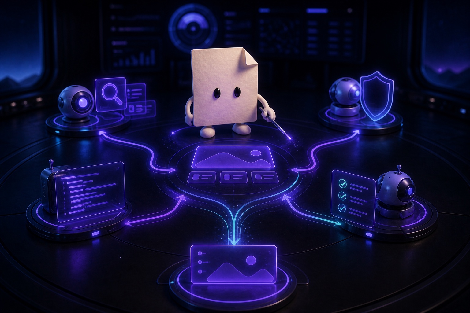 Draft coordinates four specialist AI agents for research, coding, security, and verification from a violet mission-control room