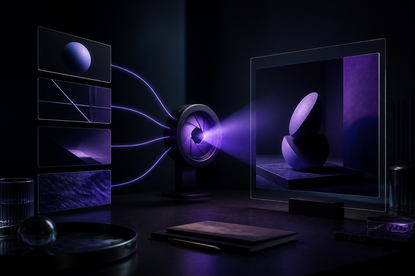 Four creative brief cards pass through a lens to form a polished image