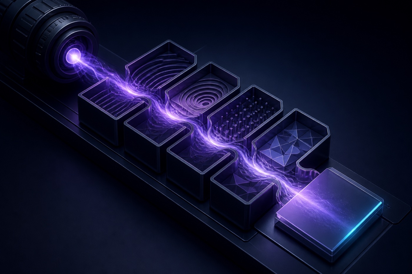 A raw idea travels through four connected prompt-building chambers