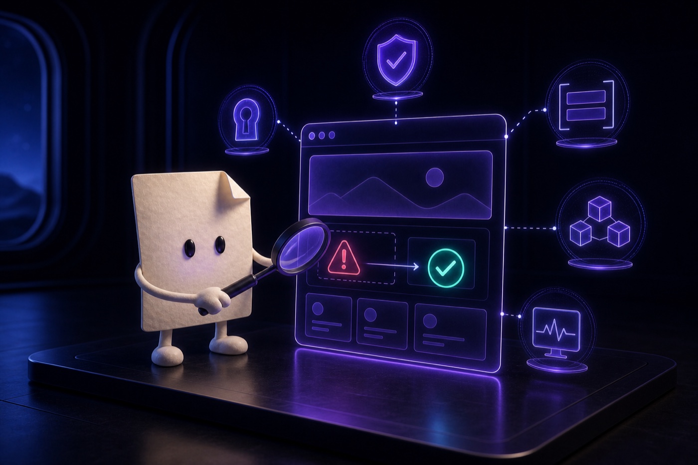 Draft performs a defensive security review on a website hologram surrounded by five protective checkpoints