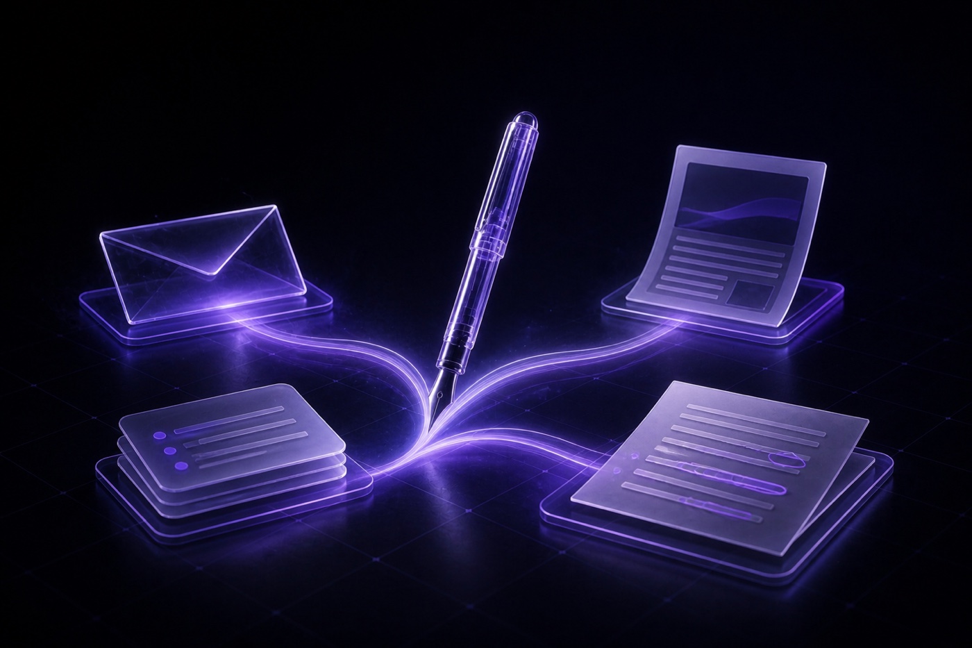 A luminous fountain pen connects email, article, summary, and revision formats