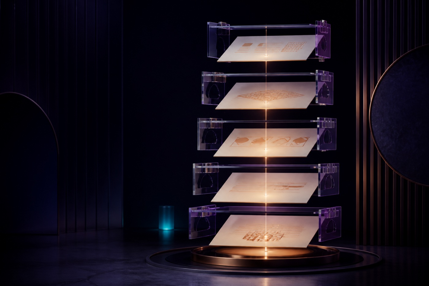 Layered paper instructions arranged inside a warm copper and violet system
