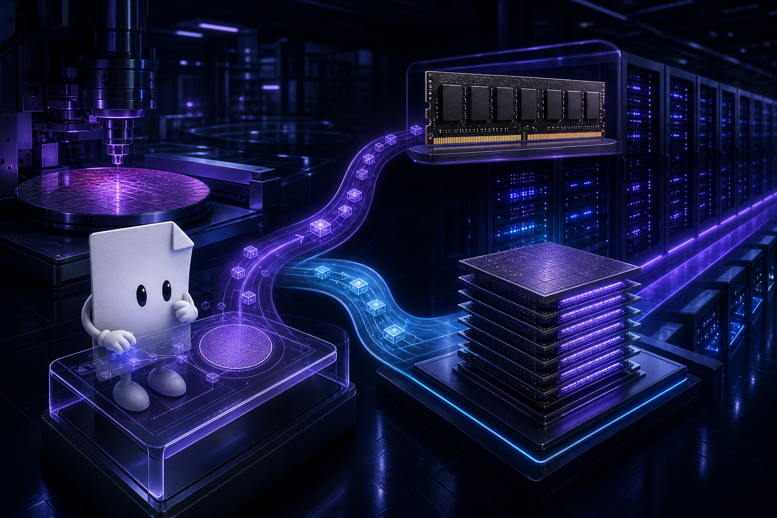 Draft studies a RAM module, stacked high-bandwidth memory, and AI data-center demand inside a violet market-analysis console