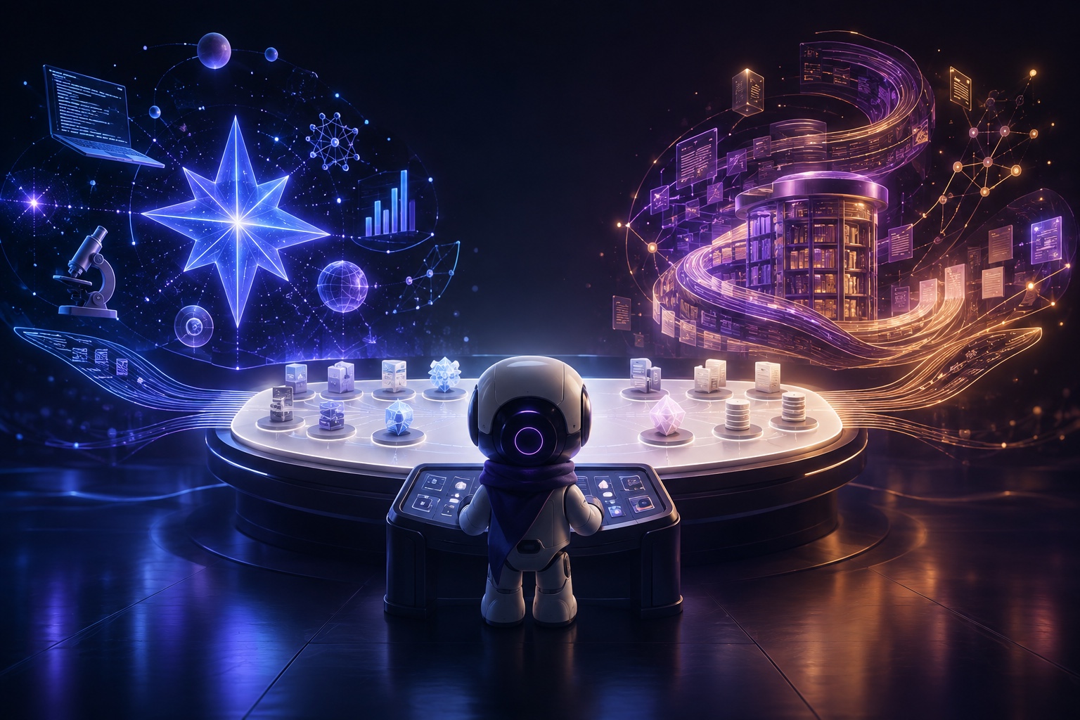 Draft evaluates a blue star-like multi-tool system and a violet-amber long-horizon knowledge engine on the same neutral task board