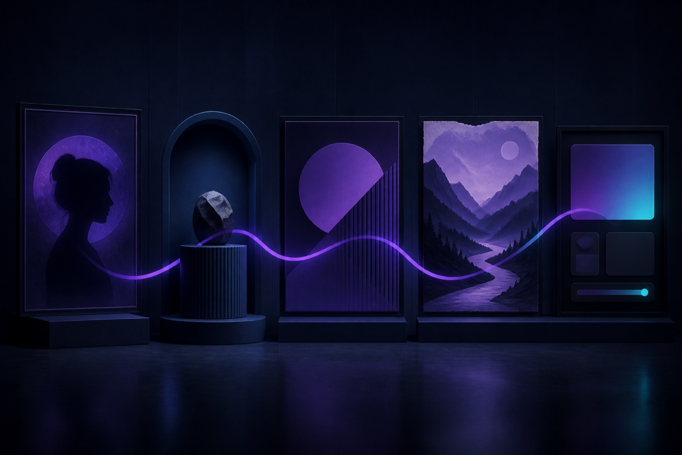 A violet path connects a curated gallery of visual prompt styles
