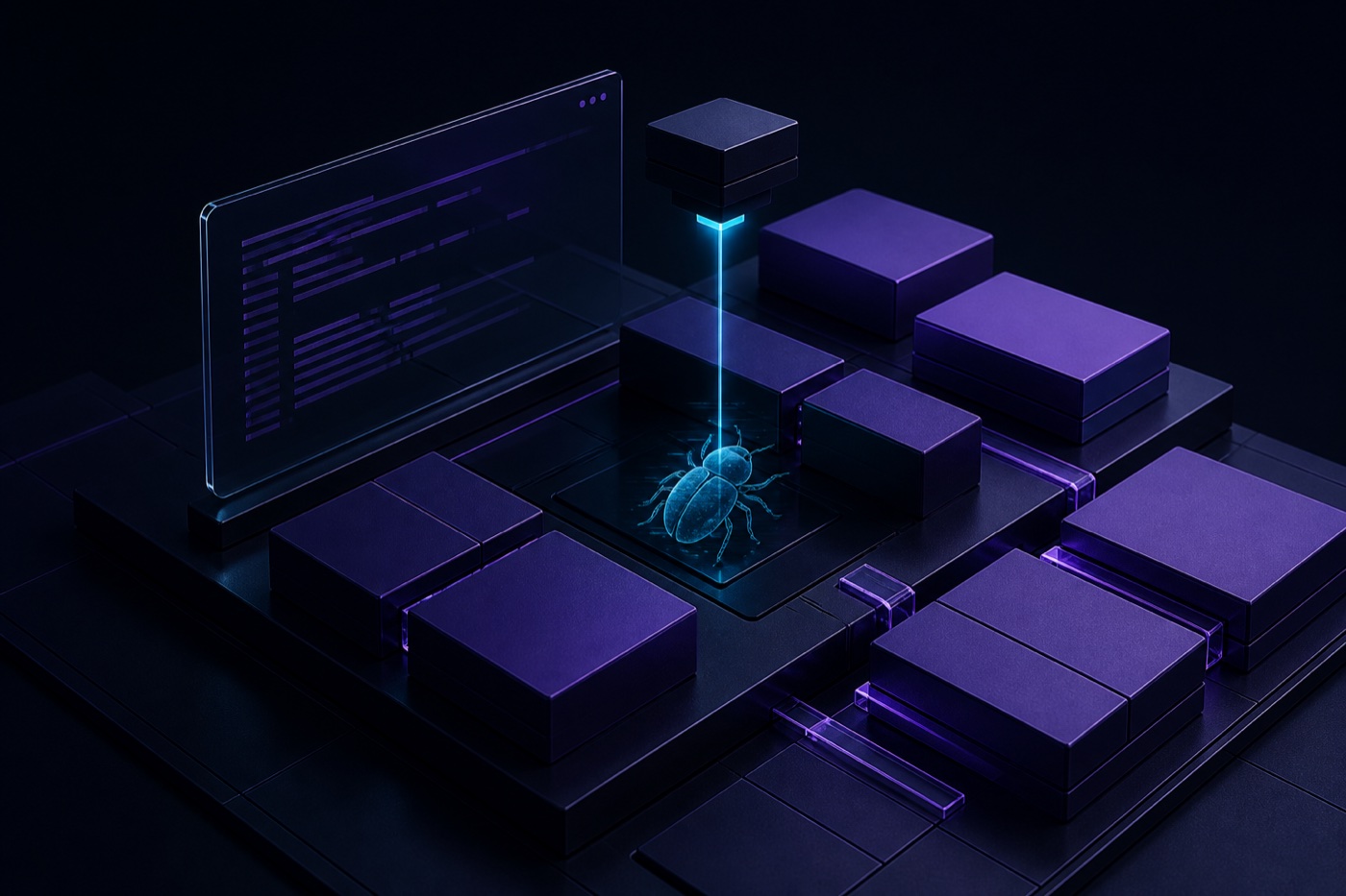 A diagnostic beam isolates a bug inside a modular coding workspace